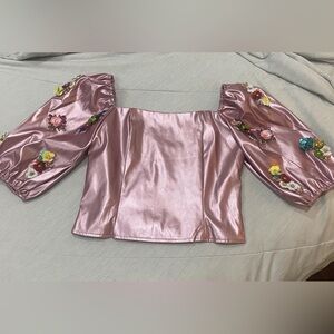 QUEEN OF SPARKLES Metallic Pink Blouse with Floral Accents